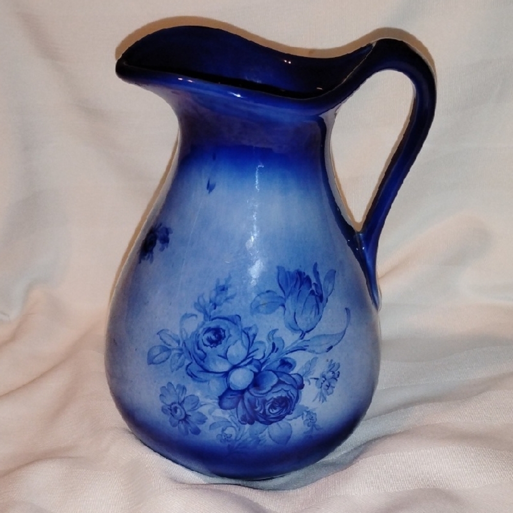 Vintage Staffordshire England 7.5” Pitcher In Blue Floral Pattern
